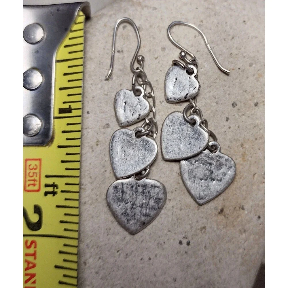 .925 Sterling Silver Hammered Heart Chain Dangle Earrings